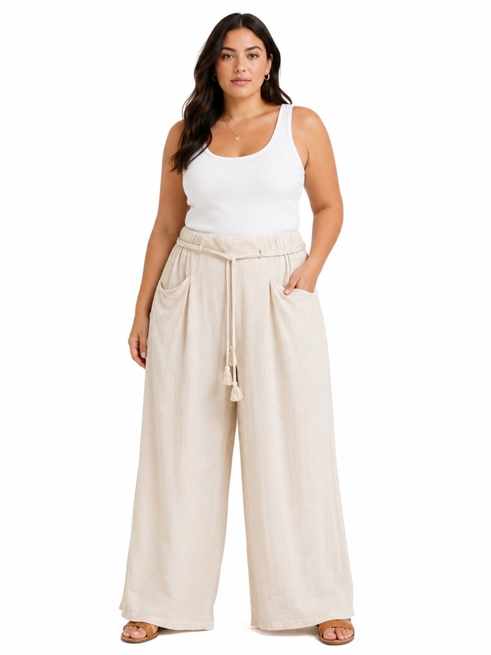 Dictionary Pants Sz M Cream Neutral Baggy Wide Leg Belt Lagenlook Boho Beach